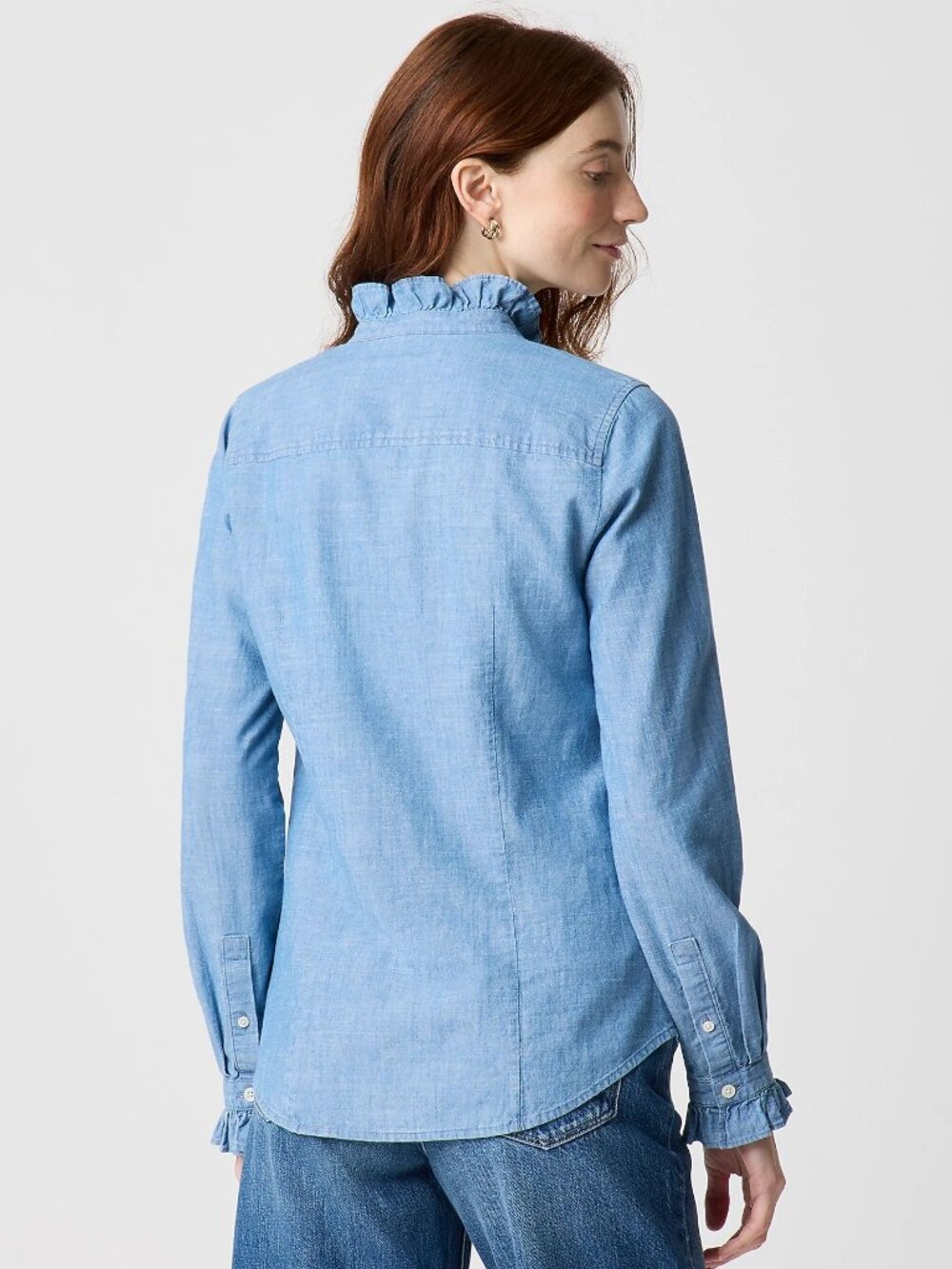 J Crew Chambray Ruffle Top Button-up Vista Blue Wash Womens LARGE NWT - Picture 2 of 4